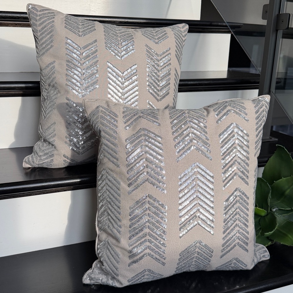 Throw pillows Neutral Taupe Silver Sequin w/ down filled inserts